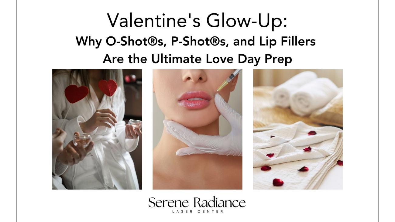 A promotional graphic with the text "Valentine's Glow-Up: Why O-Shot®, P-Shot®, and Lip Fillers Are the Ultimate Love Day Prep," featuring images of aesthetic treatments and spa setups, branded with the Serene Radiance Laser Center logo.