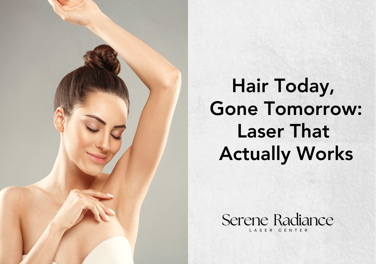 Woman smiling and raising her arm to reveal smooth underarm after laser hair removal treatment.