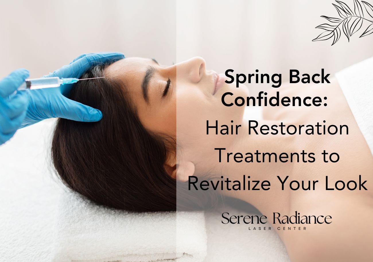Woman receiving a hair restoration injection in the scalp at a clinic, with overlay text promoting Serene Radiance Laser Center’s treatments to boost confidence and revitalize appearance.
