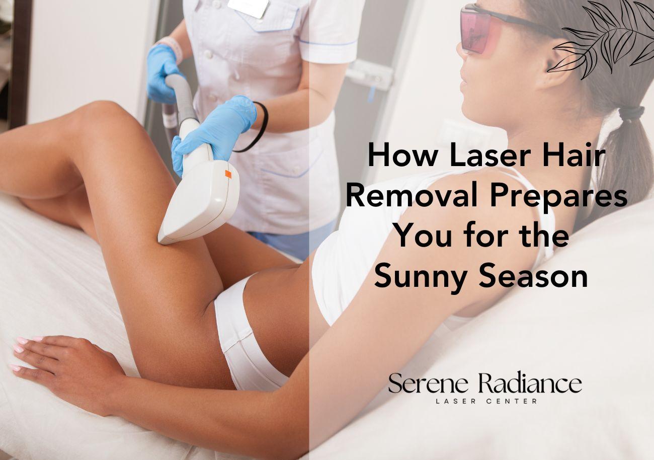Laser technician performing hair removal on a woman’s legs, highlighting how Serene Radiance Laser Center helps clients get smooth skin for the sunny season.